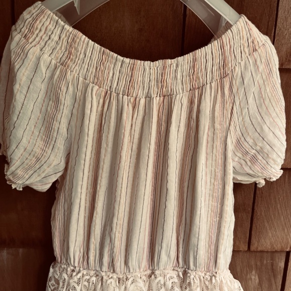 Chloe Laetitia Paris L Peasant Striped Gauze Romper Lace  Crochet Off Shoulder - Picture 12 of 16